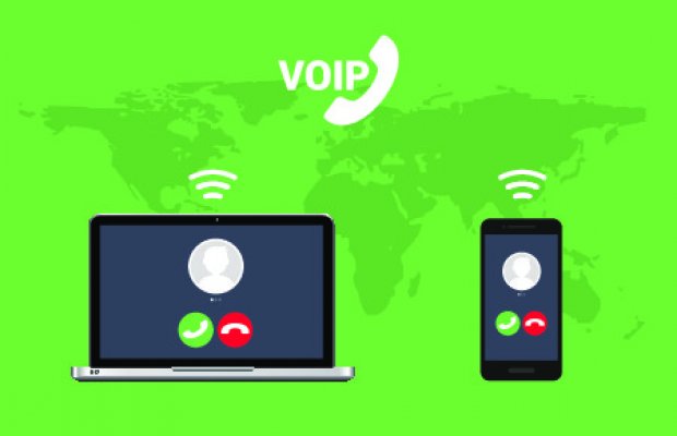 1-voip features benefits voip service voip cloud internet communication between computers and smartphones green background with world map